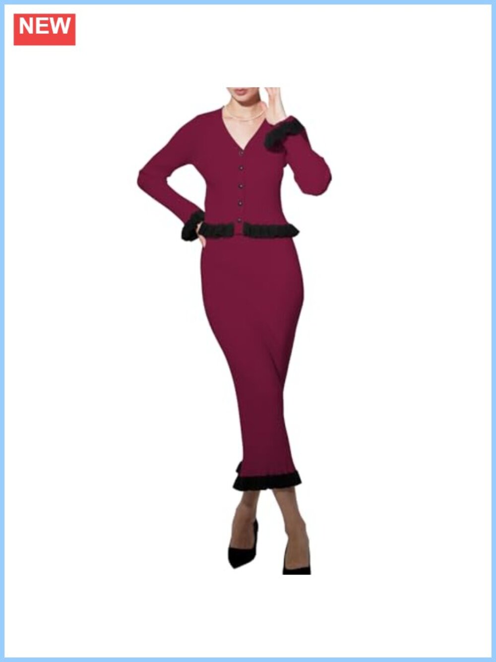 Ribbed Knit 2 Piece Sweater Skirt Set V-Neck Ruffle Cardigan Midi Skirt